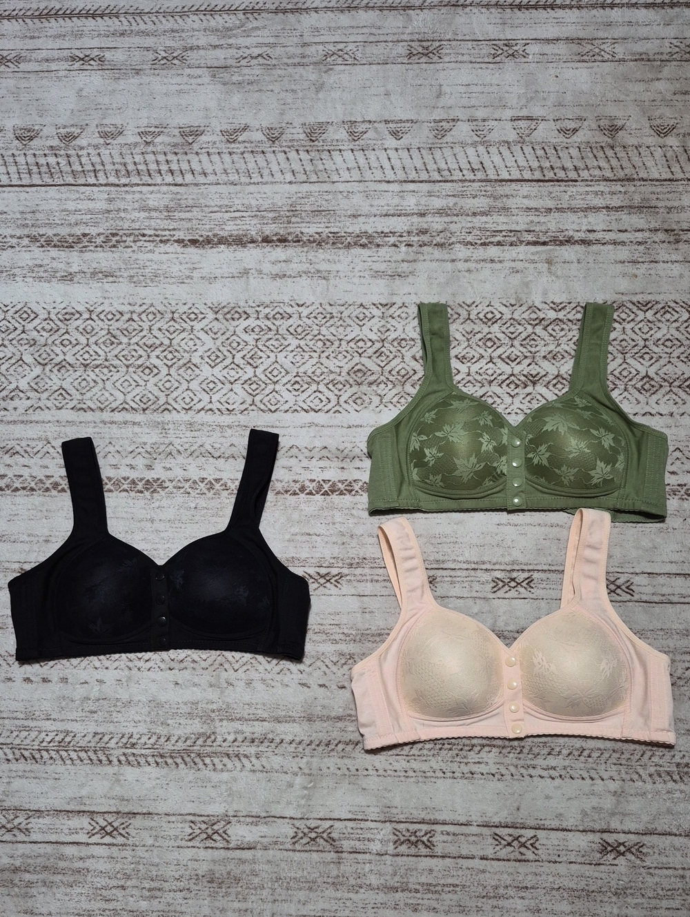 Set Of 3 Front-Closure Jacquard Bras in Black, Olive Green & Blush